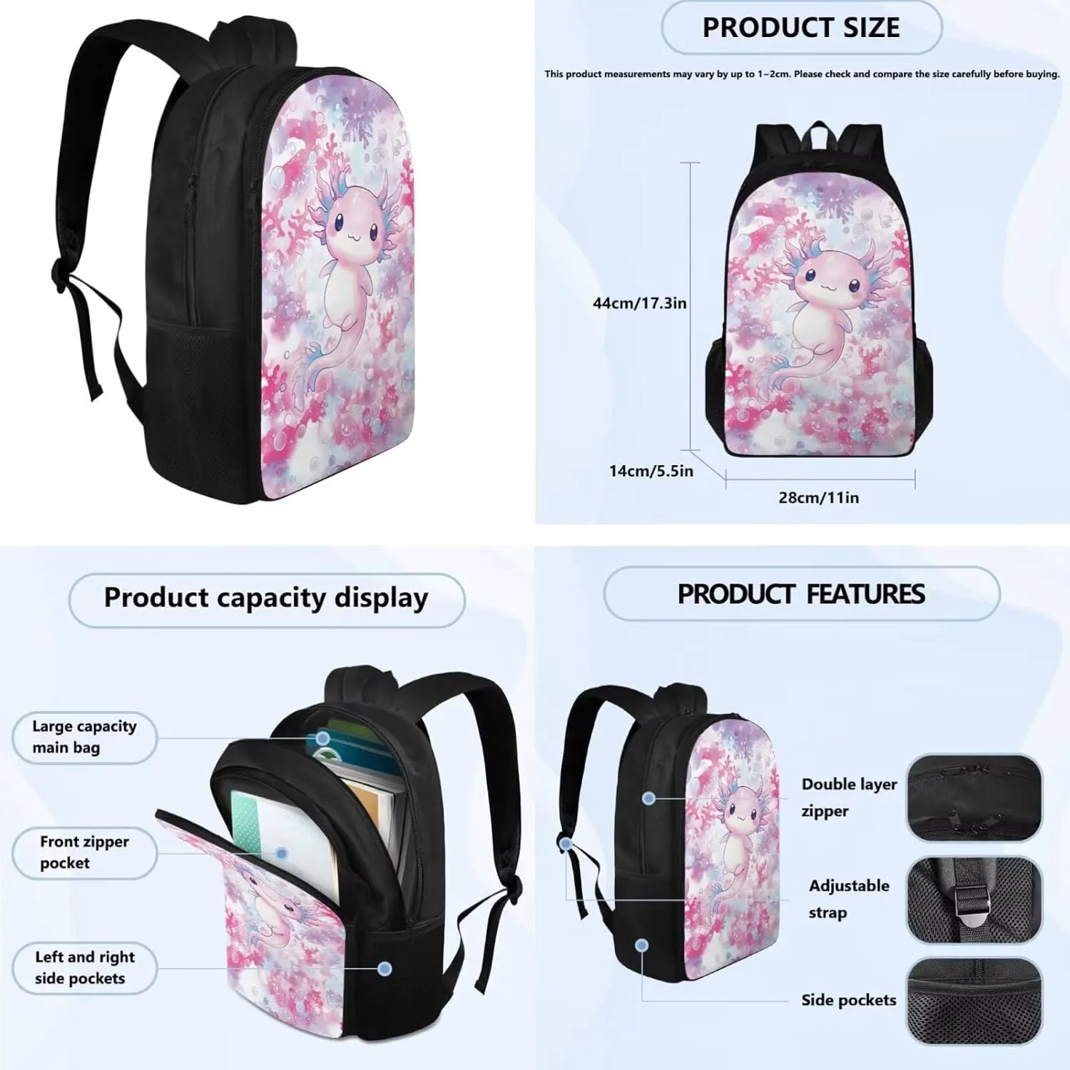 YEXIATODO Coral Reef Axolotl School Backpack for Girls 6-8 Teen Boys Teen Girls Portable Elementary Bookbag Set with Lunchbox Pencil Case Water Bottle Bag for Students Shoulder Bag