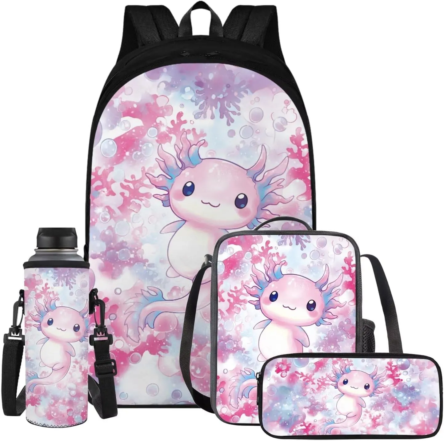 YEXIATODO Coral Reef Axolotl School Backpack for Girls 6-8 Teen Boys Teen Girls Portable Elementary Bookbag Set with Lunchbox Pencil Case Water Bottle Bag for Students Shoulder Bag