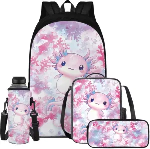 YEXIATODO Coral Reef Axolotl School Backpack for Girls 6-8 Teen Boys Teen Girls Portable Elementary Bookbag Set with Lunchbox Pencil Case Water Bottle Bag for Students Shoulder Bag