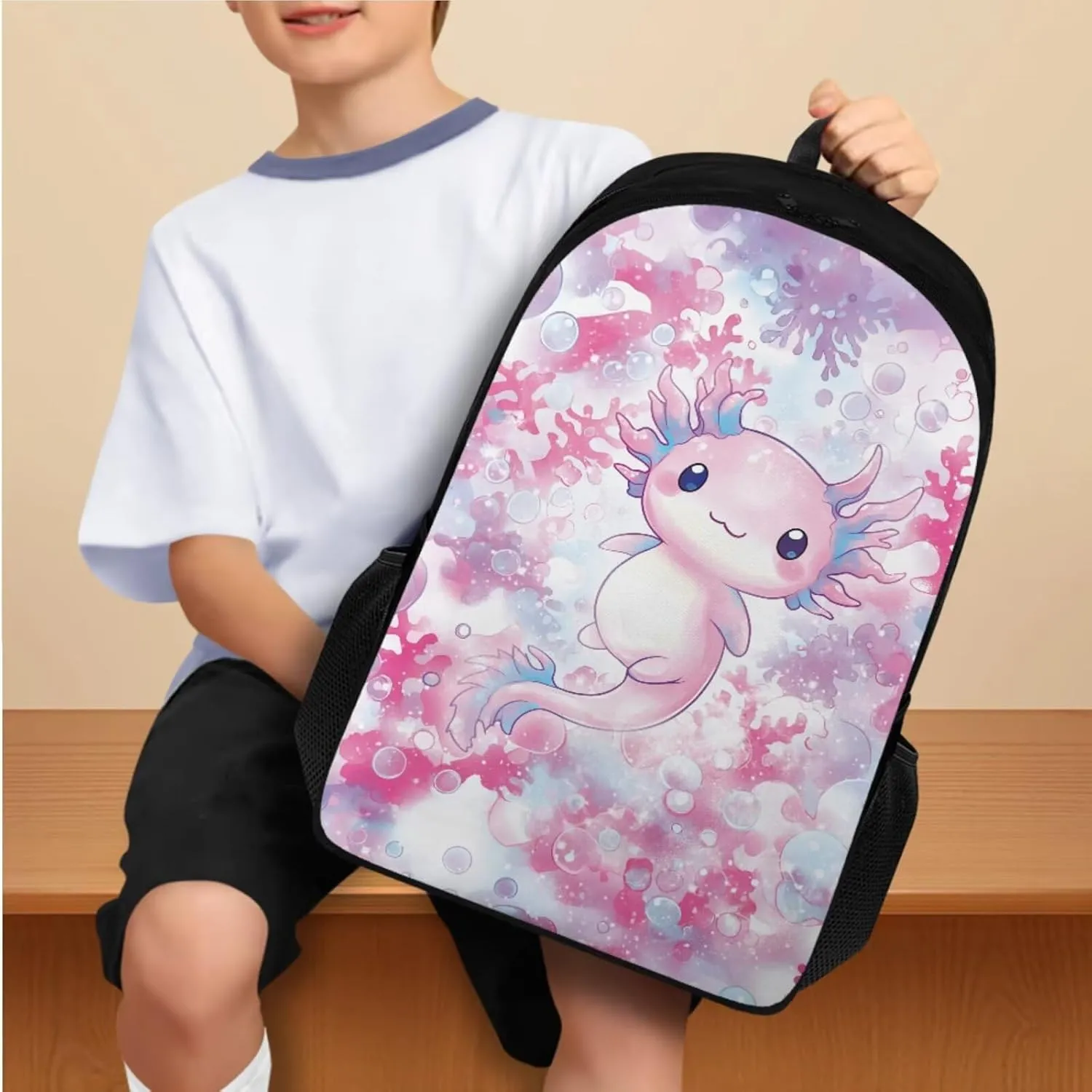 YEXIATODO Coral Reef Axolotl School Backpack for Girls 6-8 Teen Boys Teen Girls Portable Elementary Bookbag Set with Lunchbox Pencil Case Water Bottle Bag for Students Shoulder Bag