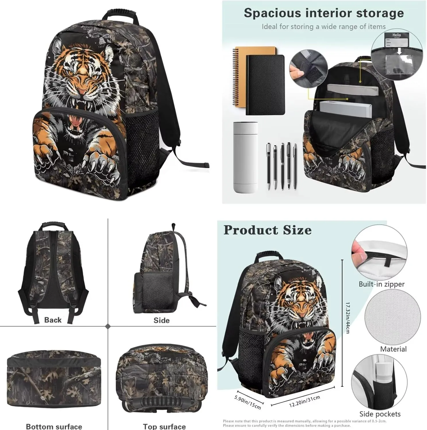 YEXIATODO Little Kids Back To School Backpacks for Boys Teens Cave Tiger Bookbags 5Th Grade Student Large Capacity Backpack Primary Middle 17 Inch School Bag with Lunch Box & Pencil Case