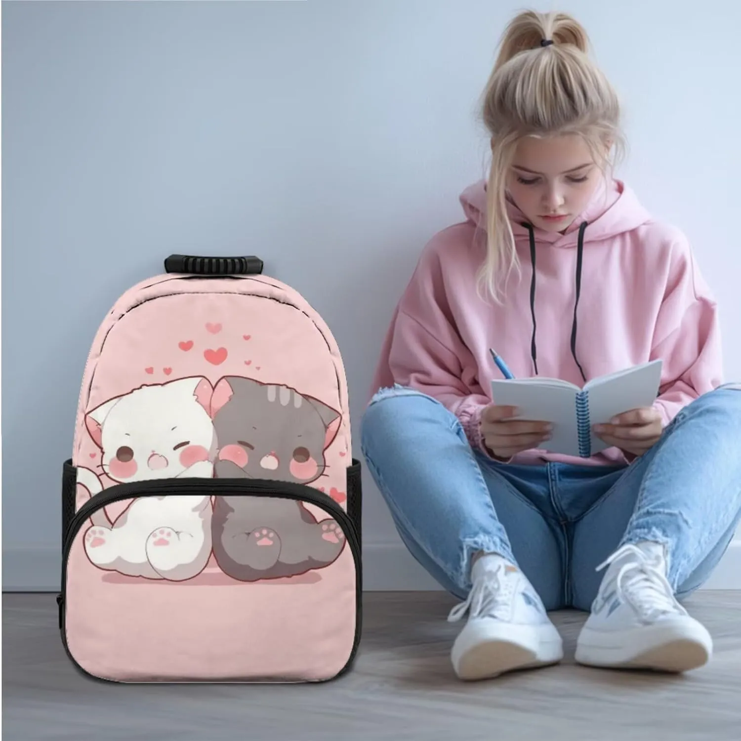 YEXIATODO Pink Baby Cat Bookbags for 6th Grade Girls 4 Piece Student Back To School Book Bag with Shouder Bag Pencil Case for Boys Girls 1-6th Grade Primary Kindergarten Preschool Elementary