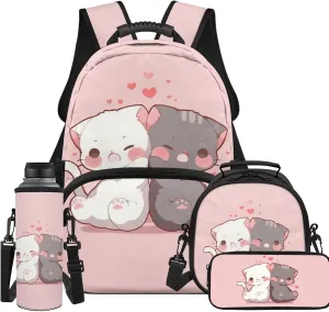 YEXIATODO Pink Baby Cat Bookbags for 6th Grade Girls 4 Piece Student Back To School Book Bag with Shouder Bag Pencil Case for Boys Girls 1-6th Grade Primary Kindergarten Preschool Elementary