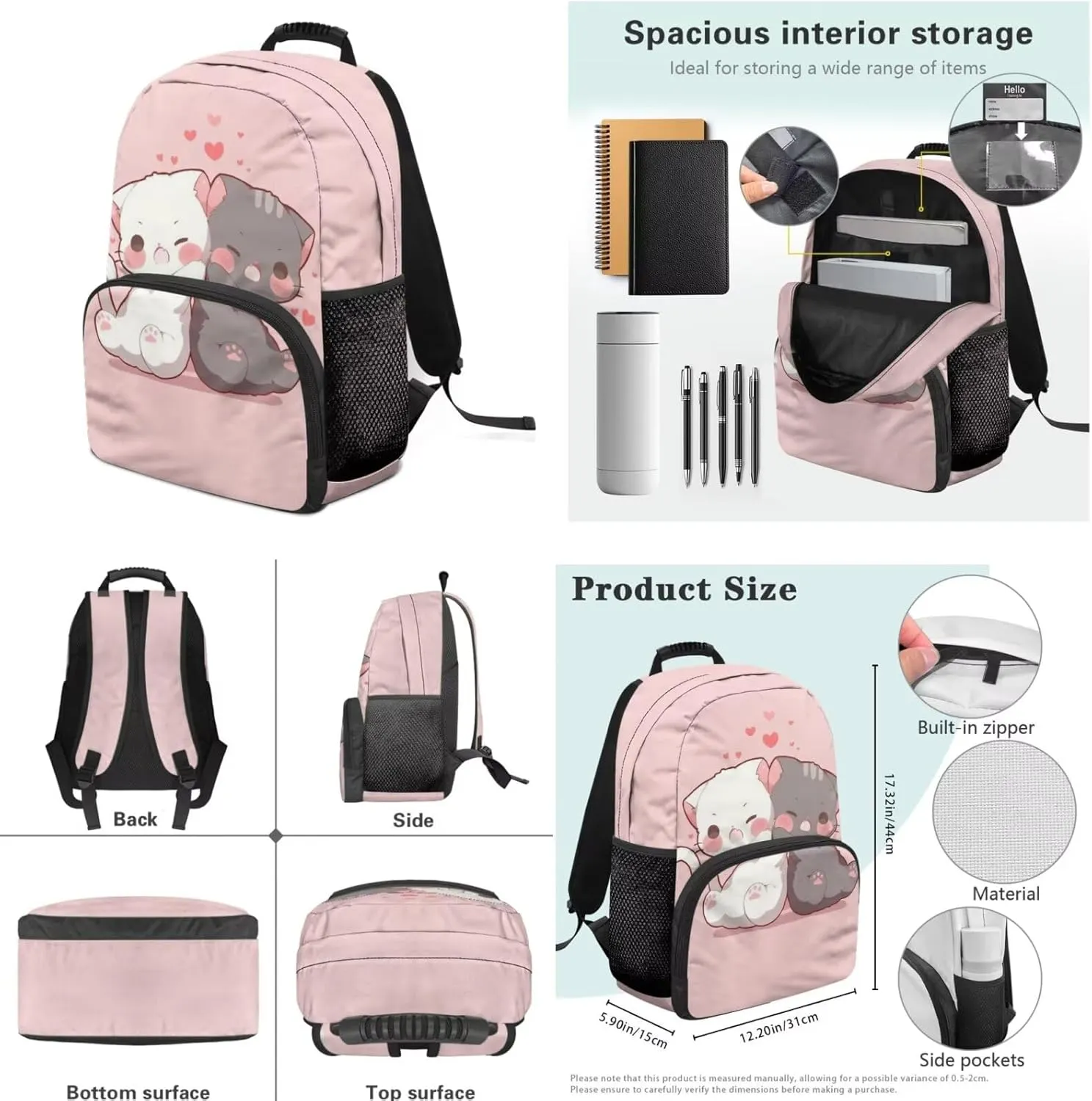YEXIATODO Pink Baby Cat Bookbags for 6th Grade Girls 4 Piece Student Back To School Book Bag with Shouder Bag Pencil Case for Boys Girls 1-6th Grade Primary Kindergarten Preschool Elementary
