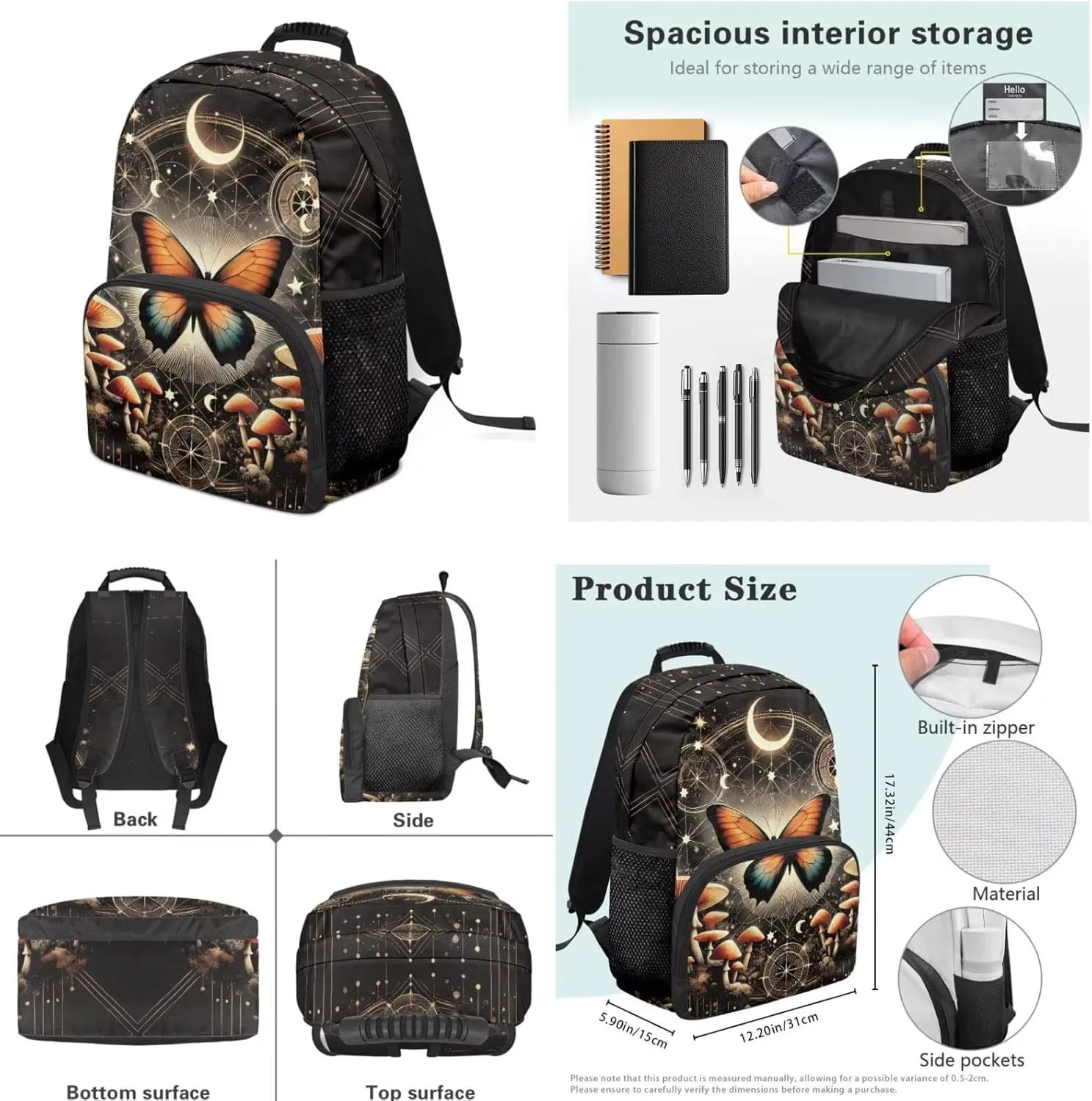 YEXIATODO Trendy Moon Butterfly Backpack for Girls Bookbag With Lunch Box Set 8-10 Big Kids School Backpack with Multiple Pockets 1-6Th Grade School Kids Book Bag Set with Adjustable Straps