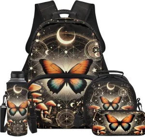 YEXIATODO Trendy Moon Butterfly Backpack for Girls Bookbag With Lunch Box Set 8-10 Big Kids School Backpack with Multiple Pockets 1-6Th Grade School Kids Book Bag Set with Adjustable Straps