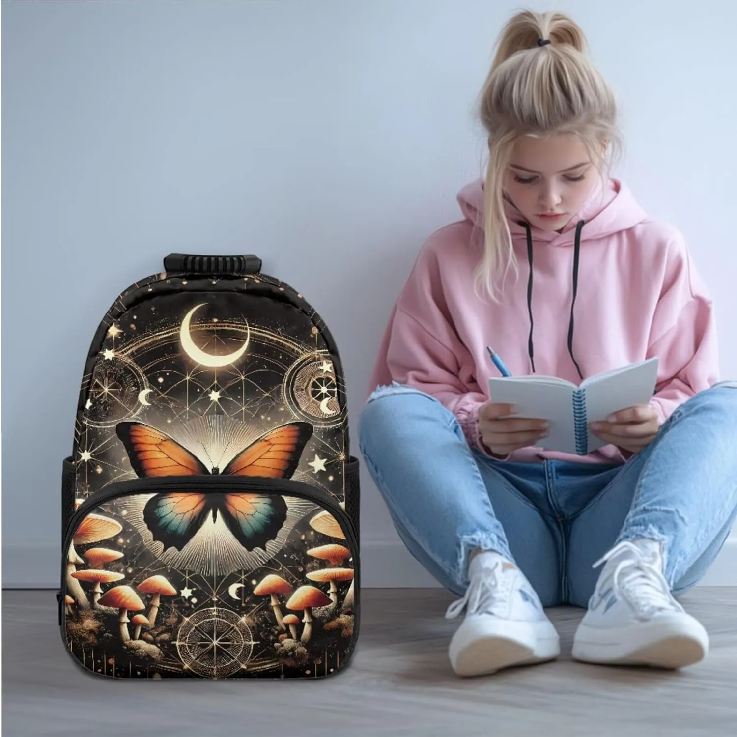 YEXIATODO Trendy Moon Butterfly Backpack for Girls Bookbag With Lunch Box Set 8-10 Big Kids School Backpack with Multiple Pockets 1-6Th Grade School Kids Book Bag Set with Adjustable Straps