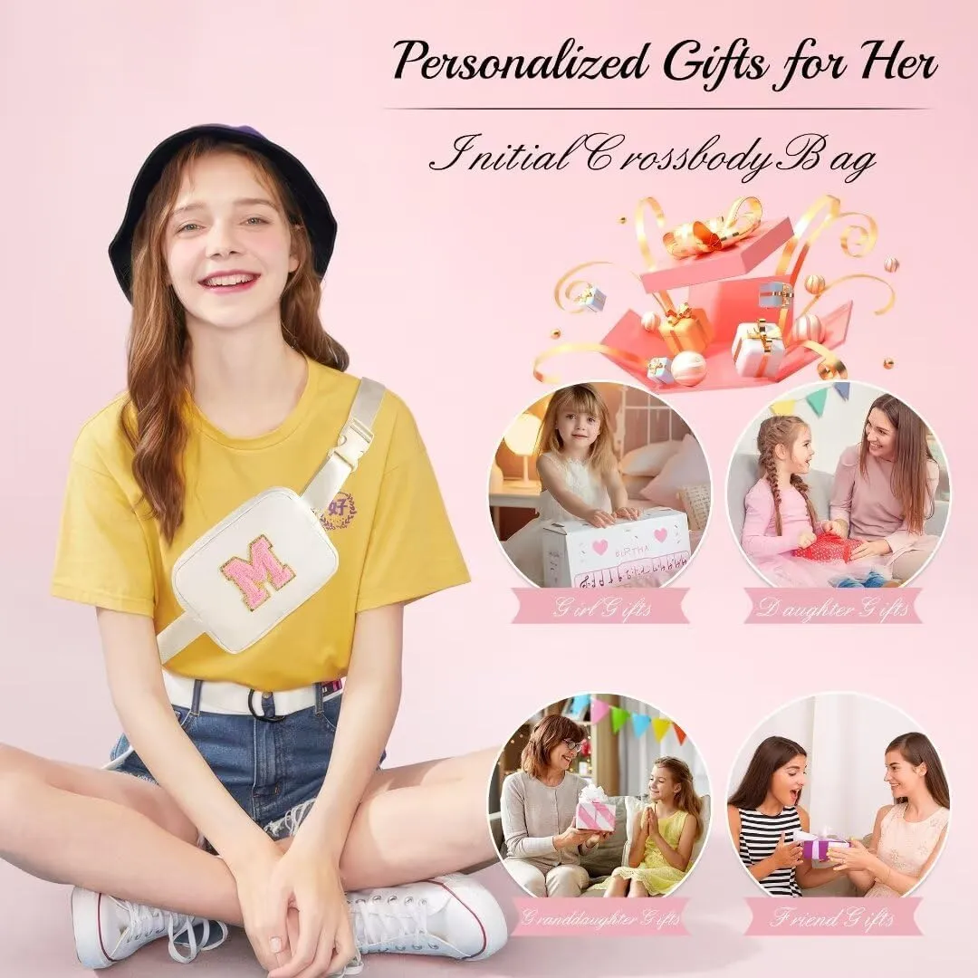 YOOLIFE Gifts for Girls - Initial Belt Bag, Pink Letter Monogrammed Crossbody Bag