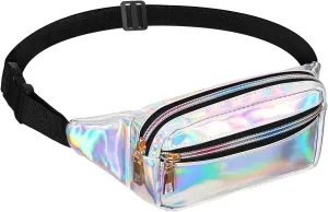 Yowein Fanny Pack Shiny Holographic Waist Bags Waterproof Neon Fanny Packs for Women Festival Party Travel Rave Hiking Outdoor Activities Shiny Holographic for Party Running Hiking (Silver)
