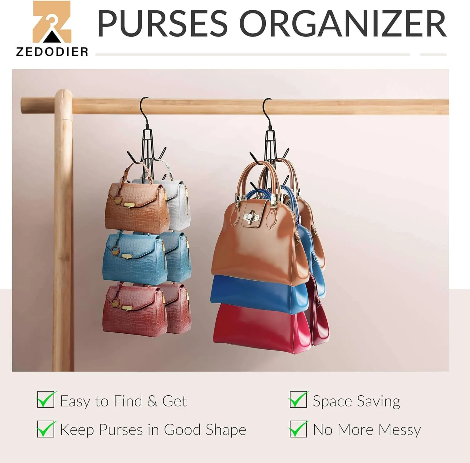 ZEDODIER Purse Organizer for Closet, 3 Pack Rotatable Sturdy Purse Hanger Bag Rack with 18 Hooks, Space Saving Handbag Backpack Holder, Closet Organizers and Storage, Black