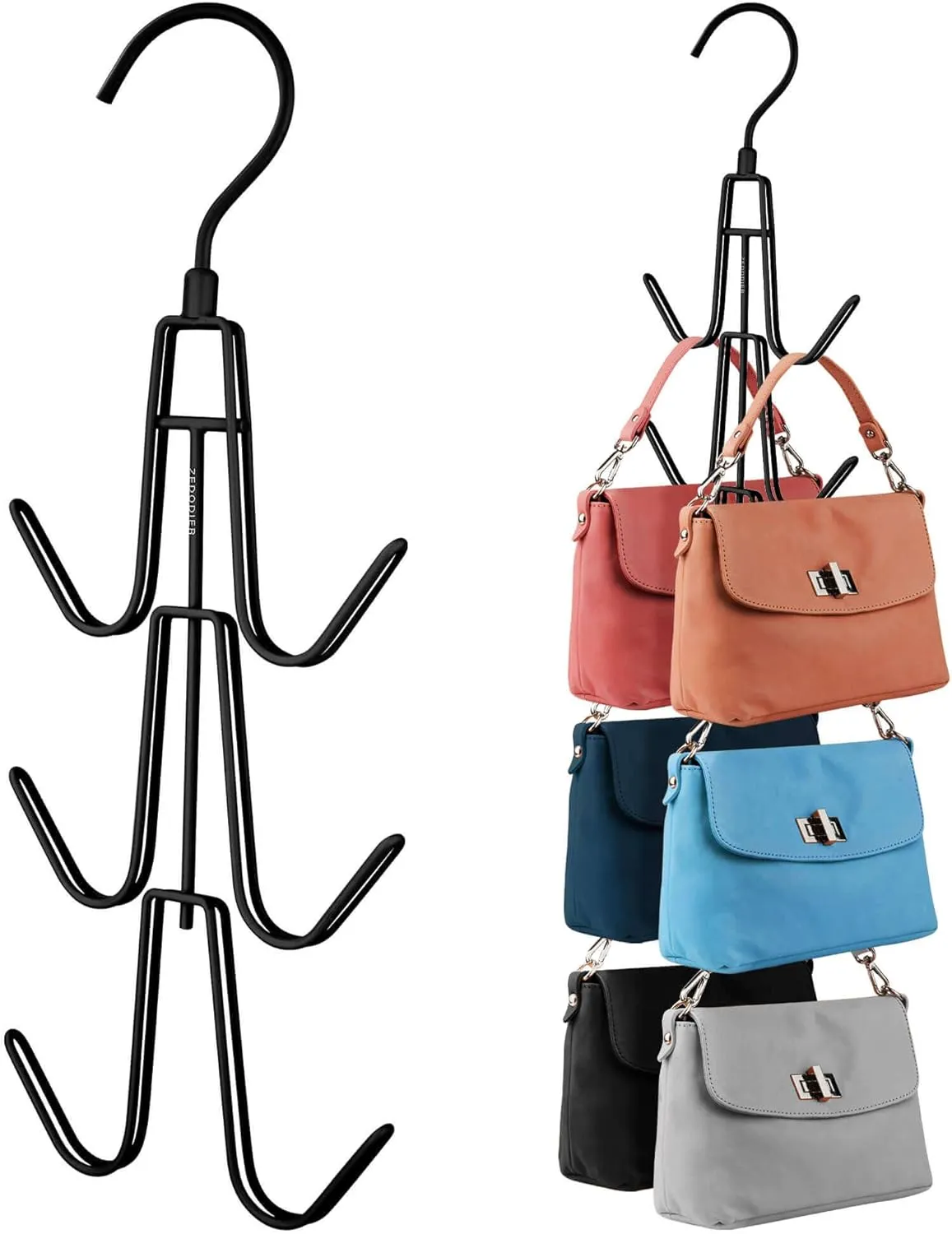 ZEDODIER Purse Organizer for Closet, 3 Pack Rotatable Sturdy Purse Hanger Bag Rack with 18 Hooks, Space Saving Handbag Backpack Holder, Closet Organizers and Storage, Black