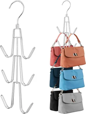 ZEDODIER Purse Organizer for Closet, 3 Pack Rotatable Sturdy Purse Hanger Bag Rack with 18 Hooks, Space Saving Handbag Backpack Holder, Closet Organizers and Storage, Silver