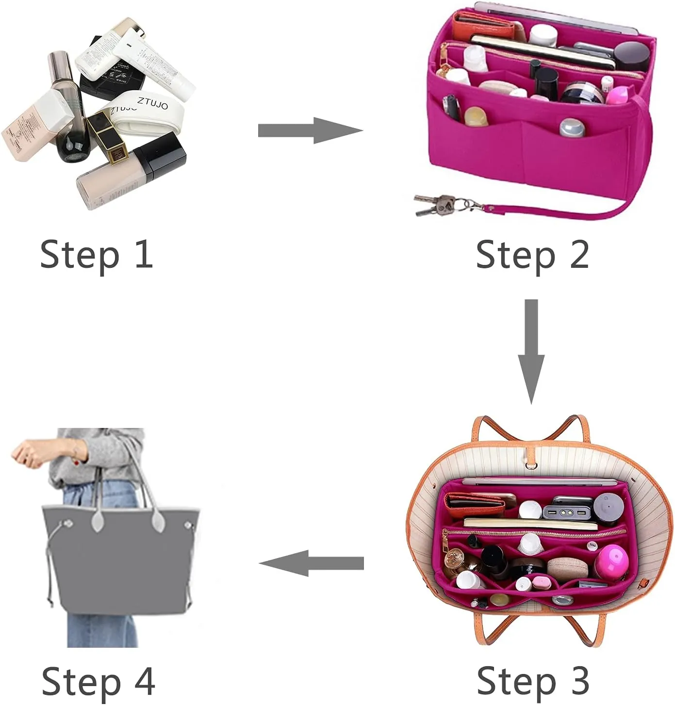 ZTUJO Purse Organizer Insert, Felt Bag Organizer with Metal Zipper, Handbag & Tote Shaper, For Speedy Neverfull Tote, 7 Sizes